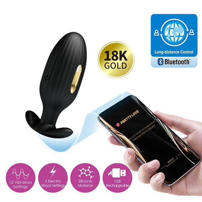 Jefferson Vibro Electroshock Anal Plug with App with smartphone app control, 18K gold plating, and multiple vibration settings.