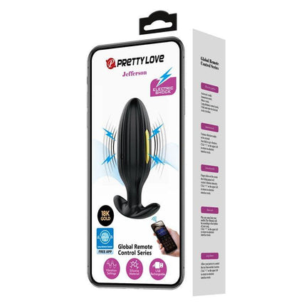 Jefferson Vibro Electroshock Anal Plug with App packaging showing features, 18K gold and global remote control series.