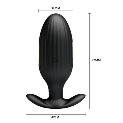 Jefferson Vibro Electroshock Anal Plug with App, black plug with dimensions shown, ideal for hands-free stimulation.