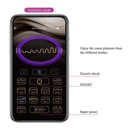 App interface for Jefferson Vibro Electroshock Anal Plug with automatic and manual modes, featuring electric shock and power options.