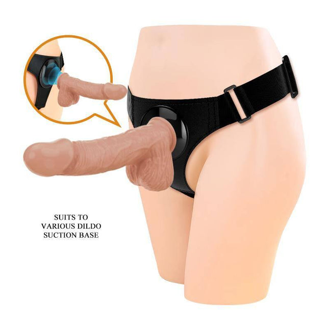 Jerry Harness with Dildo 7.6 shown on mannequin, featuring an adjustable black harness and realistic dildo, suitable for diverse users.