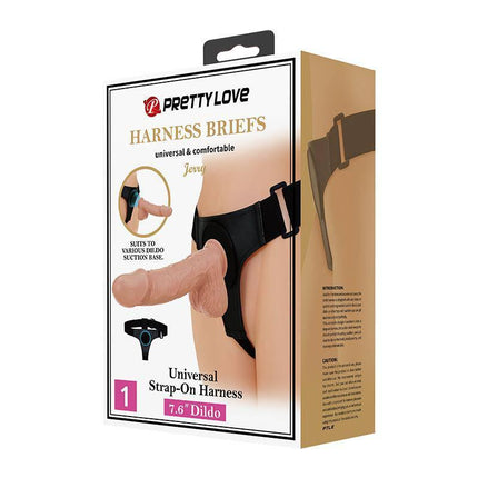 Packaging of Jerry Harness with Dildo 7.6 showing adjustable strap-on harness and lifelike dildo attachment.
