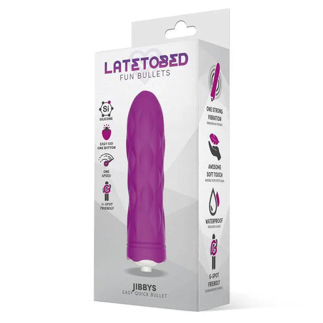 Jibbys Easy Quick Vibrating Bullet Silicone Purple in packaging, highlighting its ergonomic design and G-spot focus for enhanced pleasure.