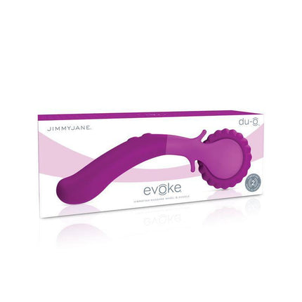 JIMMYJANE Evoke Du-o Vibrating Massage Wheel in packaging, ergonomic design with ribbed silicone wheel and handle for deep tissue massage.