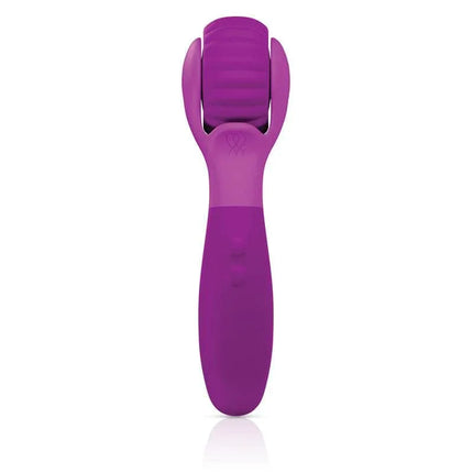 JIMMYJANE Evoke Du-o Vibrating Massage Wheel in purple with ribbed silicone wheel and elongated handle for deep tissue massage.