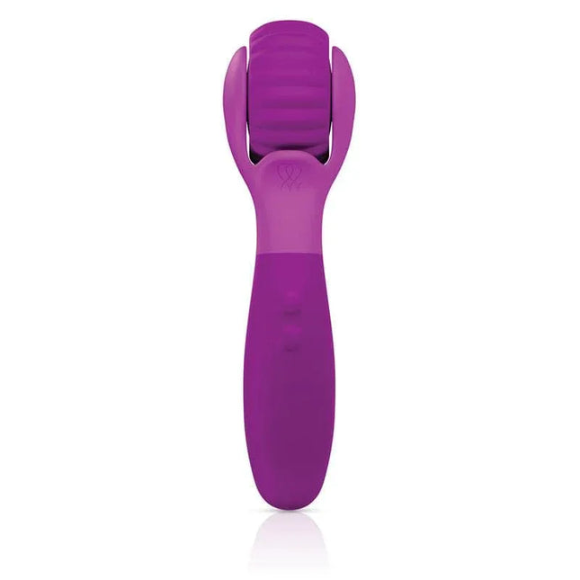 JIMMYJANE Evoke Du-o Vibrating Massage Wheel in purple with ribbed silicone wheel and elongated handle for deep tissue massage.