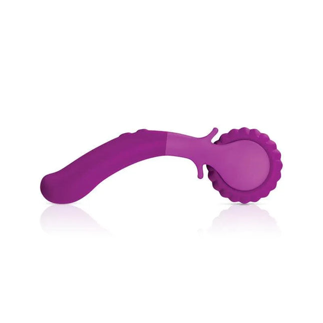 JIMMYJANE Evoke Du-o Vibrating Massage Wheel in purple with ribbed silicone wheel and ergonomic handle for deep-tissue massage.