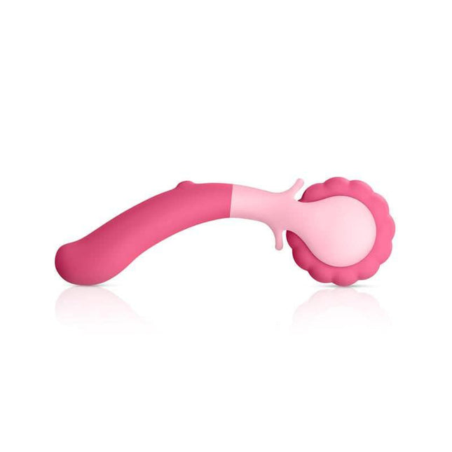JIMMYJANE Evoke Sol-o Vibrating Massage Wheel in pink with elongated handle and grooved wheel design for targeted relief.