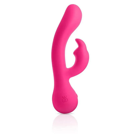 JIMMYJANE Rabbits Ruby Rabbit pink vibrator with curved U-shape and motorized tip for G-spot and clitoral stimulation.