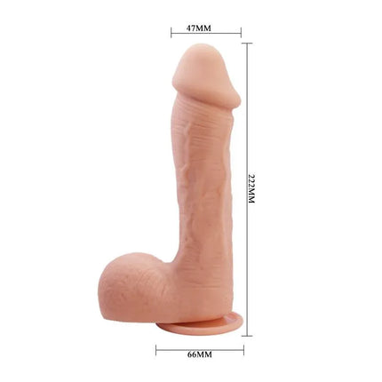 Johnson Relistic Dildo with Suction Cup Flesh showing measurements and texture.