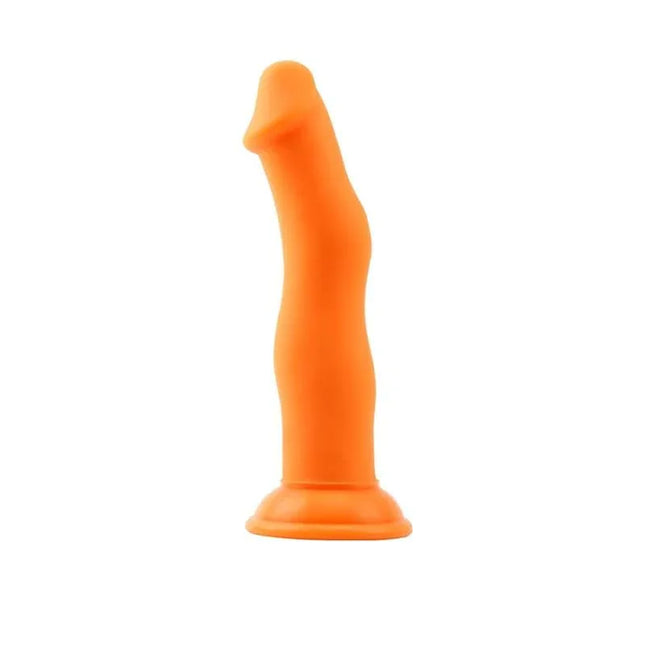Jolly D Orange premium liquid silicone dildo in vibrant orange, featuring a curved design for versatile and satisfying pleasure.