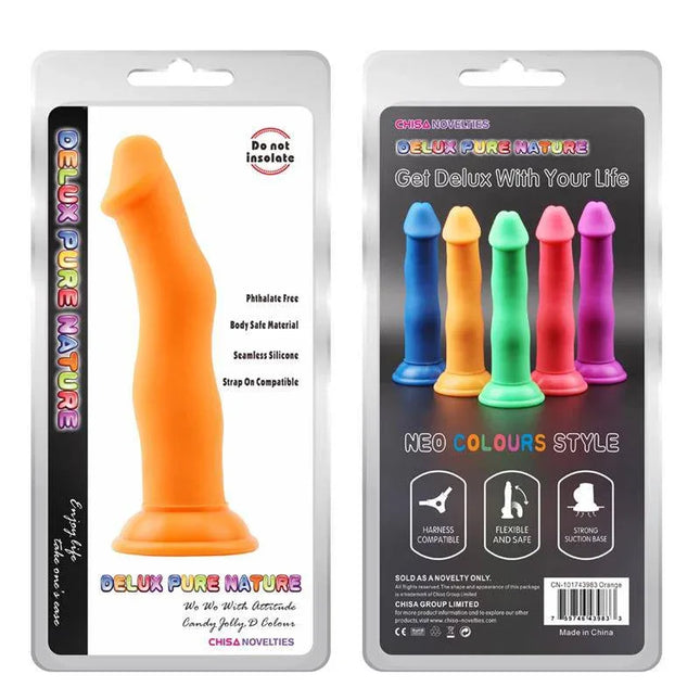 Jolly D Orange premium liquid silicone dildo with curved design and orange finish, featuring phthalate-free material and flexible use.