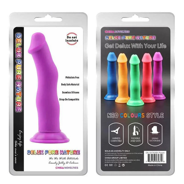 Jolly D Purple liquid silicone dildo with strong suction cup and flexible shaft for hands-free and harness use, in package.