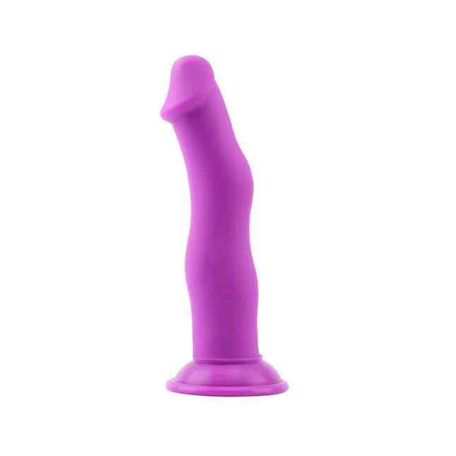 Jolly D Purple liquid silicone dildo with curved shaft and suction cup, body-safe and harness compatible for versatile pleasure.