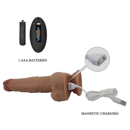 Jonathan Dildo with Vibration and Thrusting with Remote Control showing magnetic charging and battery compartment