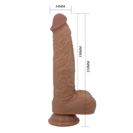 Jonathan Dildo with Vibration and Thrusting with Remote Control, showing dimensions and realistic design