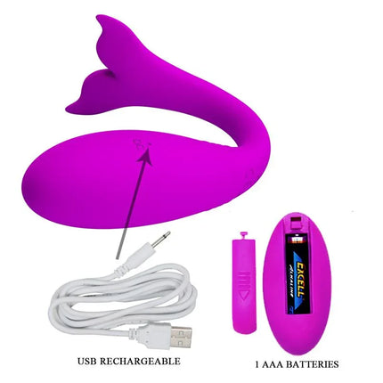 Jordyn Remote Control Stimulator ergonomic whale-shaped vibrator with remote, USB cable, and AAA battery for versatile pleasure.