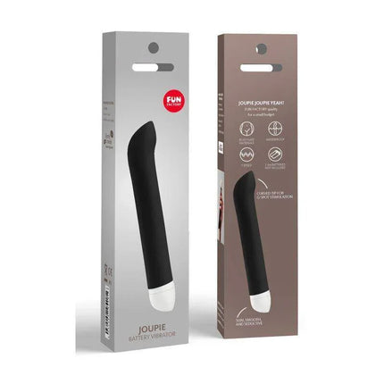 Joupie Stimulator Black elegant packaging with German-engineered, medical-grade silicone mini vibrator for safe and smooth pleasure.