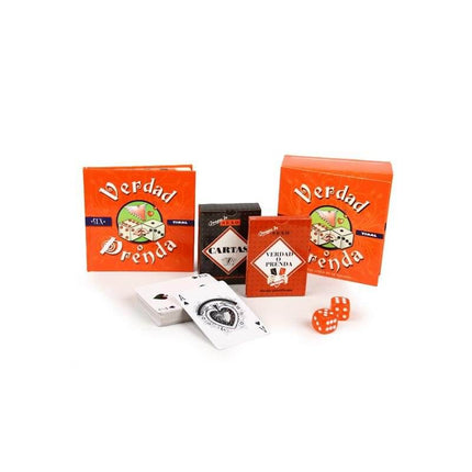 Juego Verdad o Prenda board game set with cards and dice for daring challenges and fun.