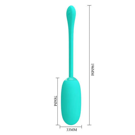 Julius Vibrating Egg Green - Silicone egg with 12 vibration patterns for solo play, shown with dimensions.
