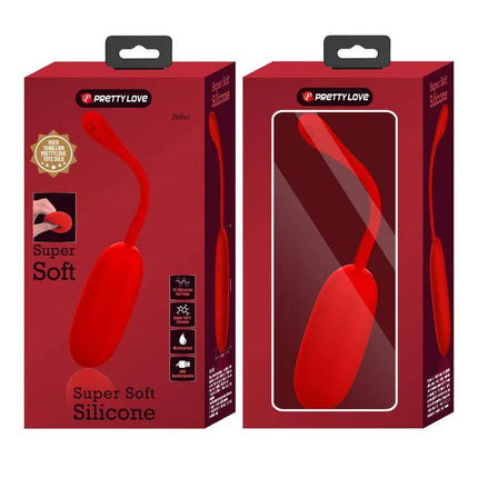Julius Vibrating Egg Red in packaging, featuring premium silicone design and 12 vibration settings for enhanced pleasure.