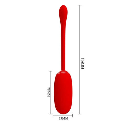 Julius Vibrating Egg Red with dimensions shown, a silicone wireless device for enhanced personal pleasure with 12 vibration settings.