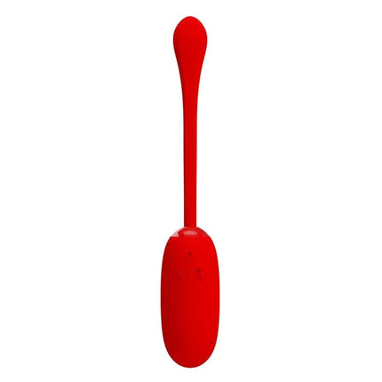 Julius Vibrating Egg Red silicone product with long tail, featuring 12 vibration settings for pleasure, USB rechargeable, waterproof design