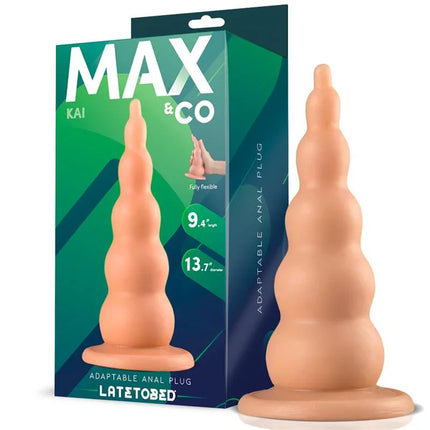 Kai Adaptable Butt Plug Flesh 9,4 - 18.4 cm product with packaging by Max & Co, featuring an ascending diameter design.