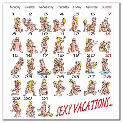 Kamasutra Calendar Magnet with artistic depiction of daily poses on a monthly grid, perfect for office or kitchen decor.