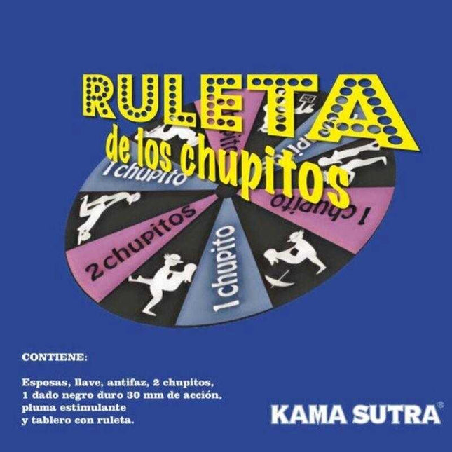 Kamasutra Roulette and 3 Shots game set with spinning wheel and instructions in Spanish, featuring playful and intimate items.