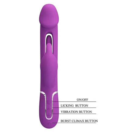Kampas Vibrator With Licking Lilac featuring dual motors, illustrating the licking, vibration, and burst climax button functions.
