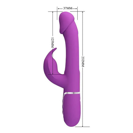 Kampas Vibrator With Licking Lilac featuring dual motors and ergonomic design for customizable pleasure, shown with dimensions in purple.