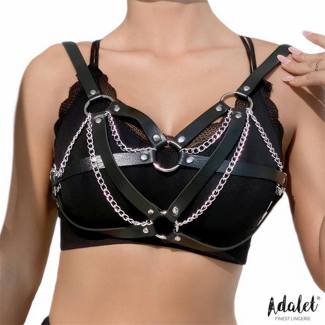 Karina Vegan Leather Harness Top with Chain One size, edgy PU vegan leather lingerie with integrated fine chains by Adalet.