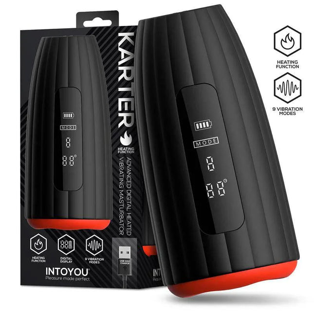 Karter Advanced Masturbator with Vibration, Heat and Digital Screen showcasing design and features.
