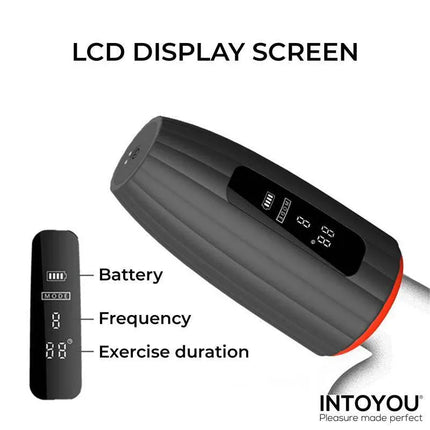 Intoyou Karter Advanced Masturbator with Vibration, Heat and Digital Screen featuring LCD display with battery and frequency indicators.