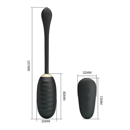 Kegel Ball with Remote Control Royal Pleasure in soft silicone with 12 vibration functions displayed with dimensions.