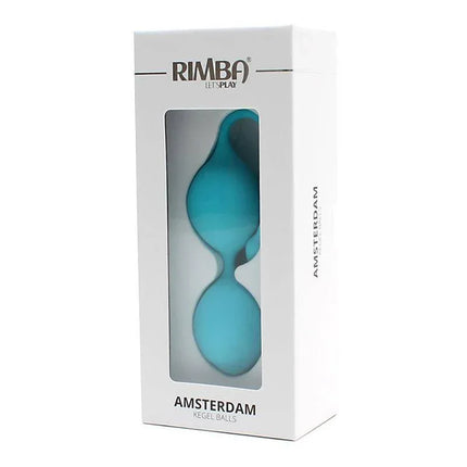 Kegel balls 35 mm Amsterdam Blue in packaging, silicone pelvic floor exerciser with pull-out cord, enhancing pleasure and strength.