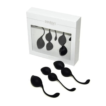 Kegel Balls Training Set Geneva Black 3-piece system in packaging and out, featuring silicone cords for easy removal.