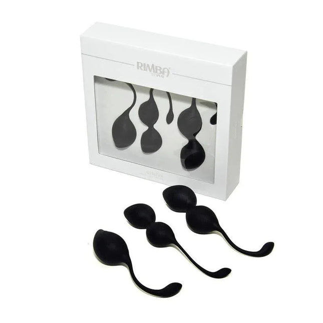 Kegel Balls Training Set Geneva Black 3-piece system in packaging and out, featuring silicone cords for easy removal.