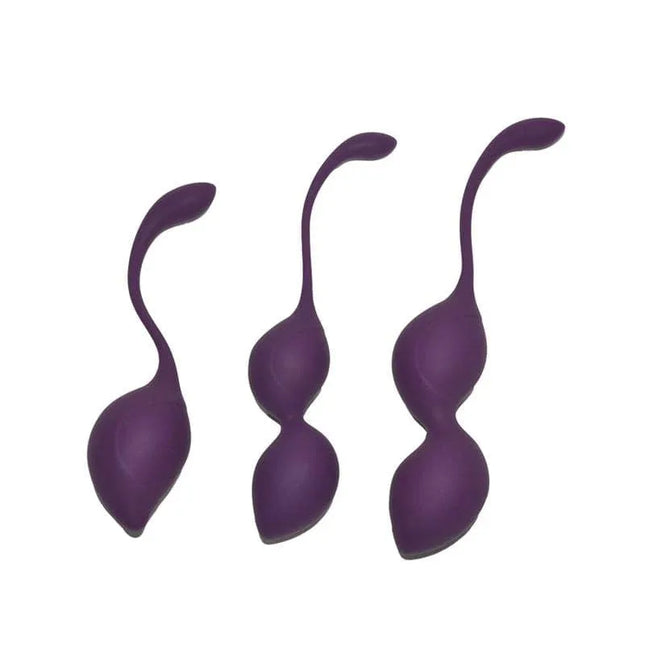 Kegel Balls Training Set Geneva Purple with three progressive weights and silicone retrieval cords for pelvic floor health.