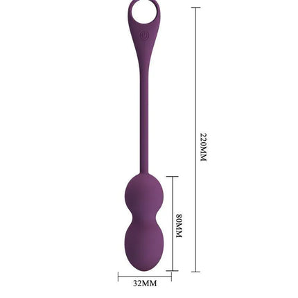 Purple Kegel Balls with Vibration and APP, featuring dimensions, Bluetooth control, and 12 vibration functions for pelvic training.