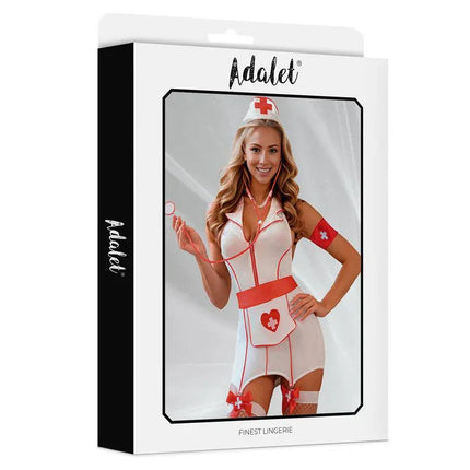 Adalet Keira Nurse Costume in packaging featuring sexy babydoll dress with apron, cap, and shoulder emblem for role-play and romantic nights.
