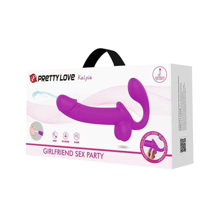 Packaging of Kelpie Strapless Strap-on with Squirt Function featuring a purple silicone toy on a white background.