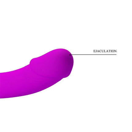 Close-up of Kelpie Strapless Strap-on with Squirt Function showing ejaculation feature, purple silicone design for intimate use