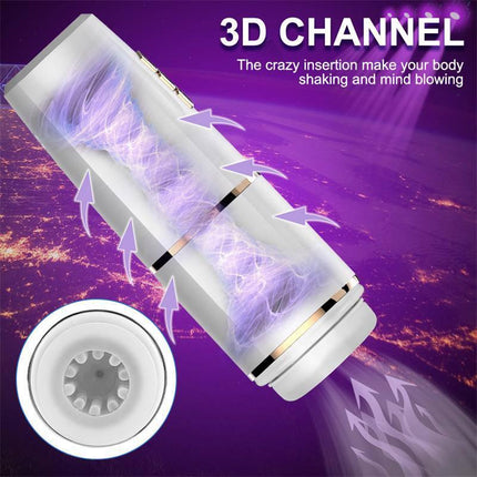 Kimi Male Masturbator with Telescoping and Rotation Functions featuring 3D Channel for enhanced pleasure and textured stimulation.