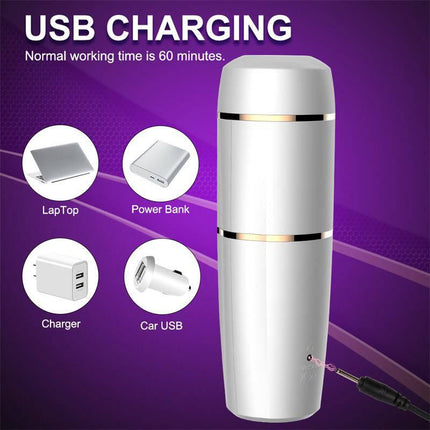 Kimi Male Masturbator with Telescoping and Rotation Functions showing USB charging compatibility with laptop, power bank, and car USB.