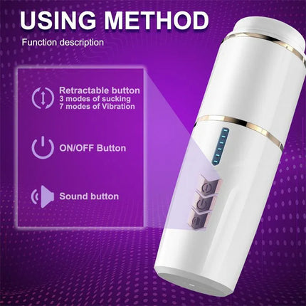 Kimi Male Masturbator with Telescoping and Rotation Functions showcasing buttons and usage method on a purple background.