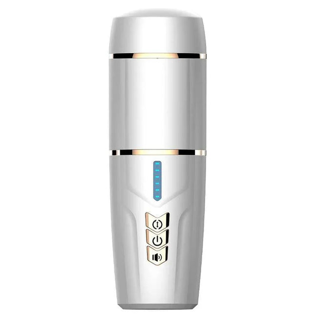 Kimi Male Masturbator with Telescoping and Rotation Functions, white design with control buttons and LED indicator.