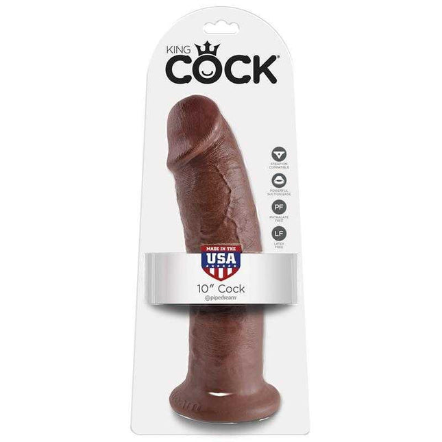 King Cock Dildo 10 - Brown, realistic 10-inch dildo in packaging, phthalate-free, latex-free, Made in USA