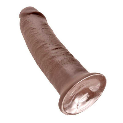 King Cock Dildo 10 - Brown, realistic sex toy with suction base, 10 inches long and 2.4 inches wide, phthalate and latex-free.